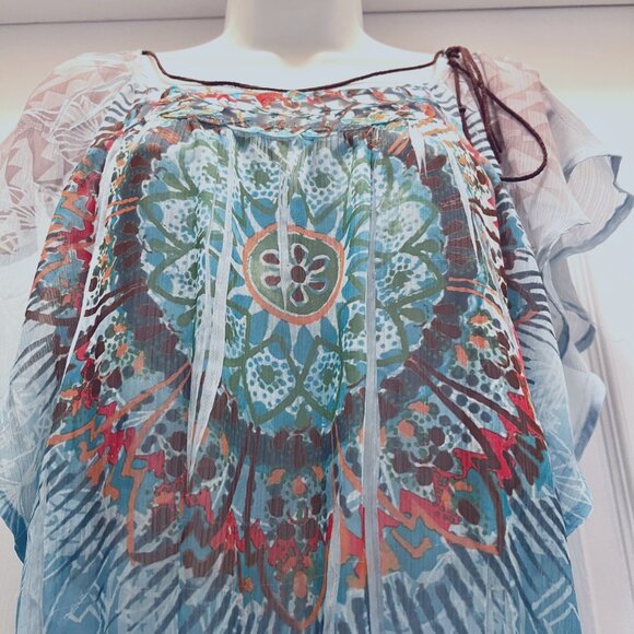 Bongo-Women's Sheer Short Flowy Sleeves Top-Necklace Built in-Med-Blue Boho - Picture 5 of 16